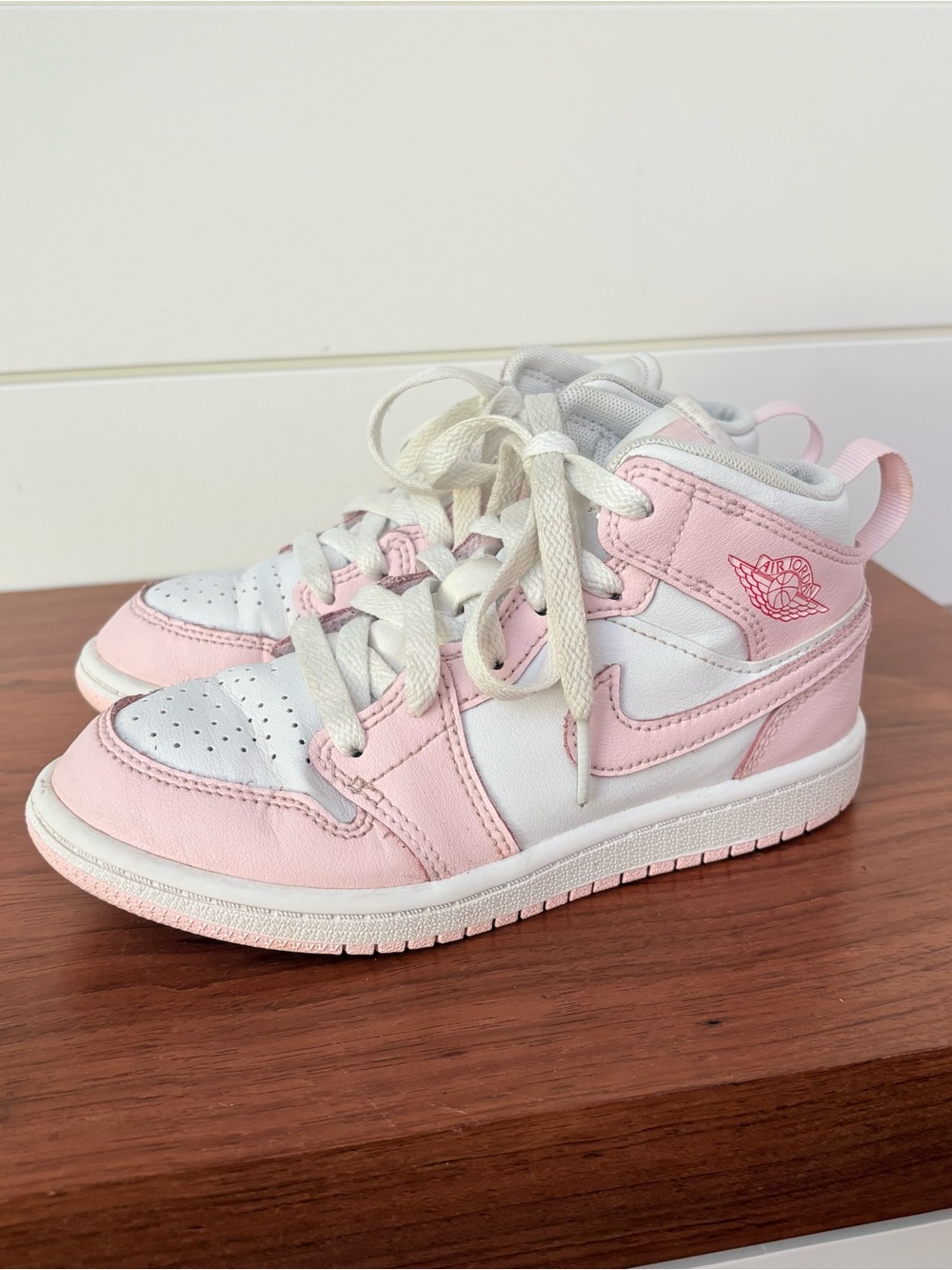 Jordan Air Jordan 1 Mid GS Pink White Leather Unisex Kids Athletic Sneakers 13C